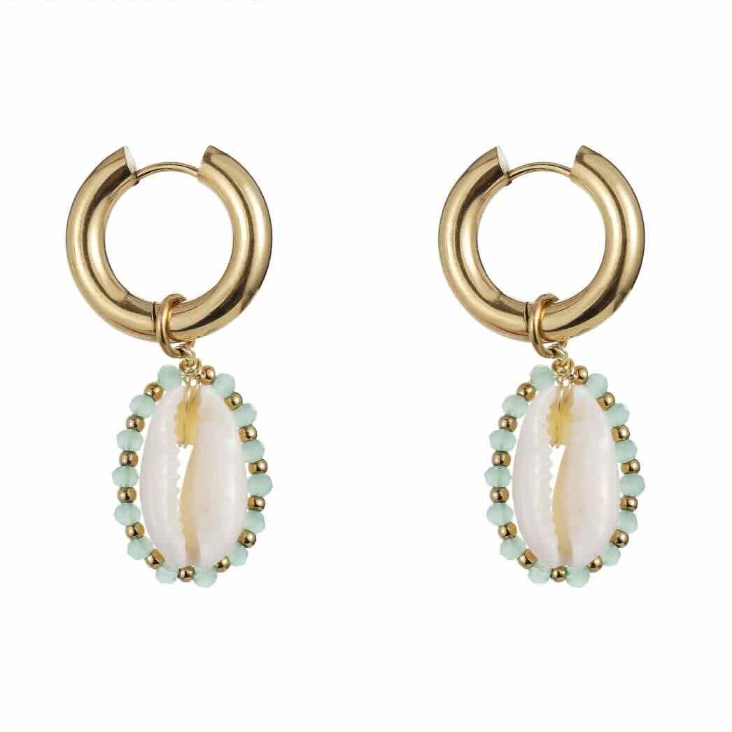 Rose & Camellia oorbellen shell ring turquoise