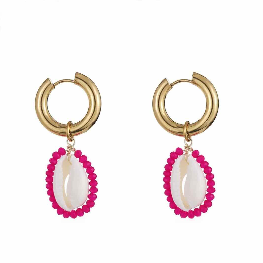 Rose & Camellia oorbellen shell ring fuchsia
