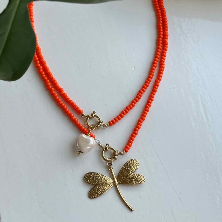 widaro ketting orange/red beads (goud/zilver)