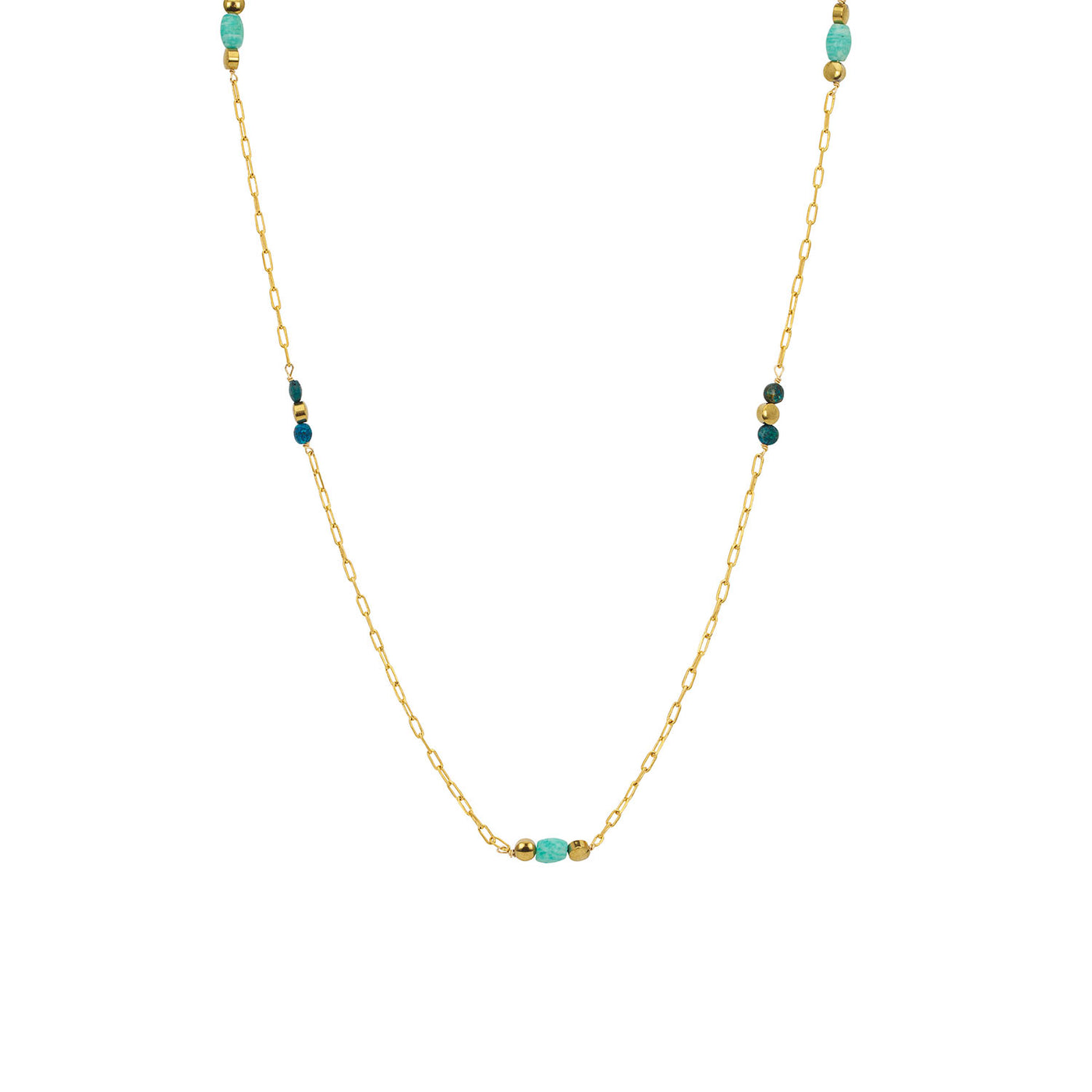 une a une lange ketting turquoise